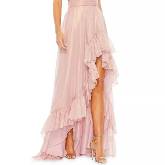 Mac Duggal Rose Gold Metallic Cascade Detail Cut Out A-Line Gown Prom